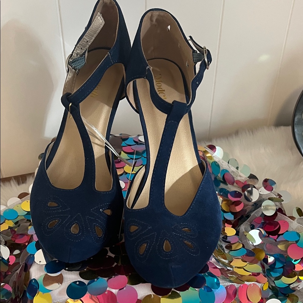 Modcloth Navy Suede T-Strap Heels